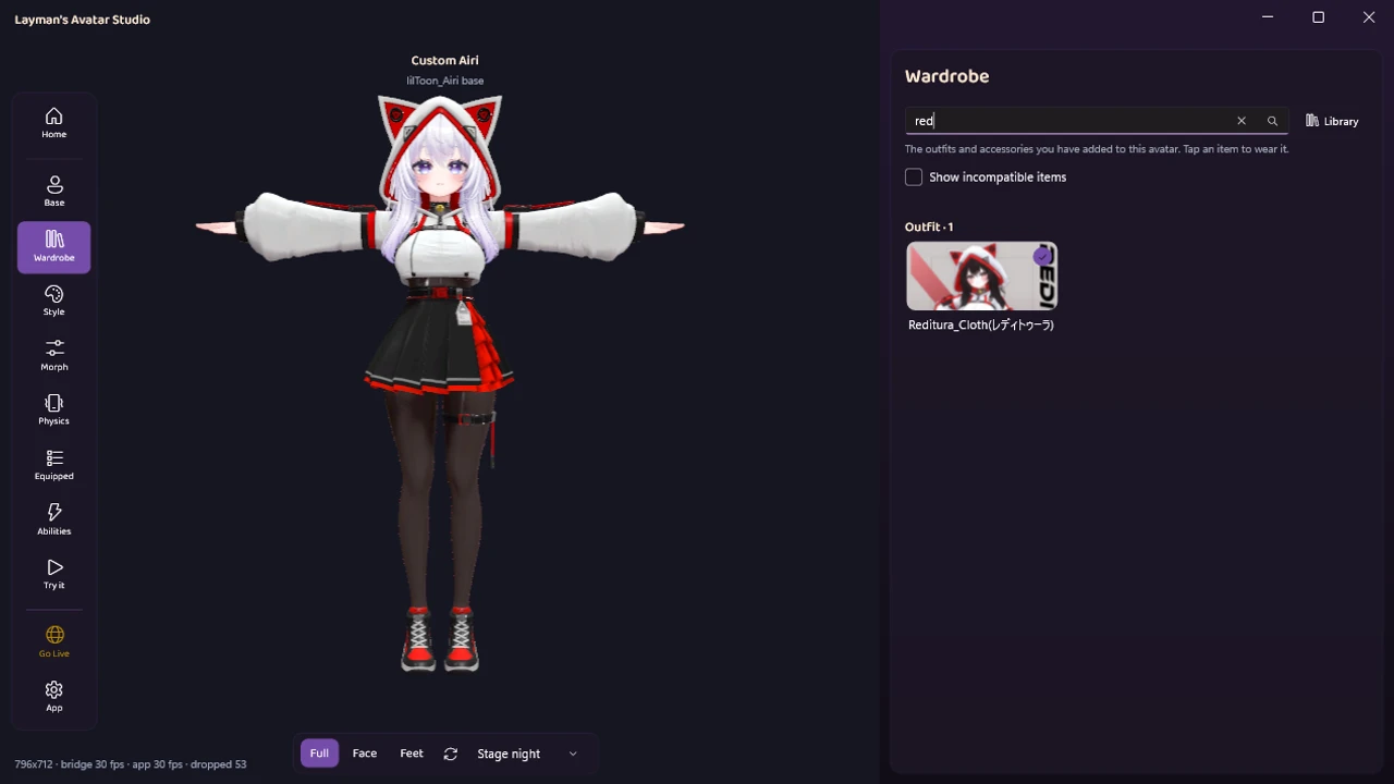 A VRChat avatar wearing a newly added cat-ear hoodie outfit in the Layman's Avatar Studio viewport, with the outfit selected in the Wardrobe panel