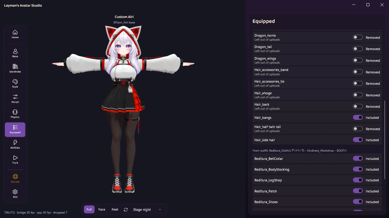 The Equipped panel in LAS listing each part of the avatar and outfit with individual Included and Removed toggles