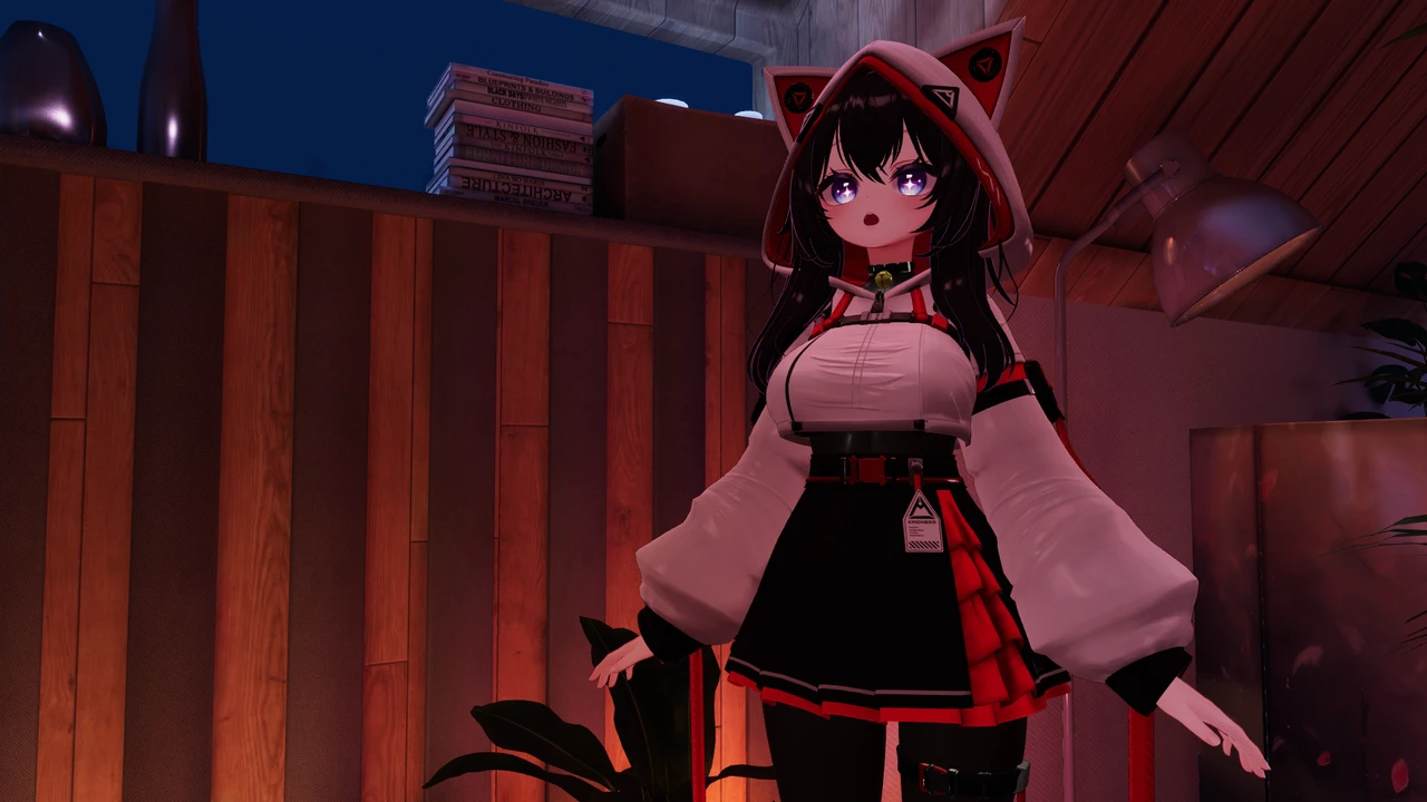 The finished avatar wearing its new outfit inside a VRChat world