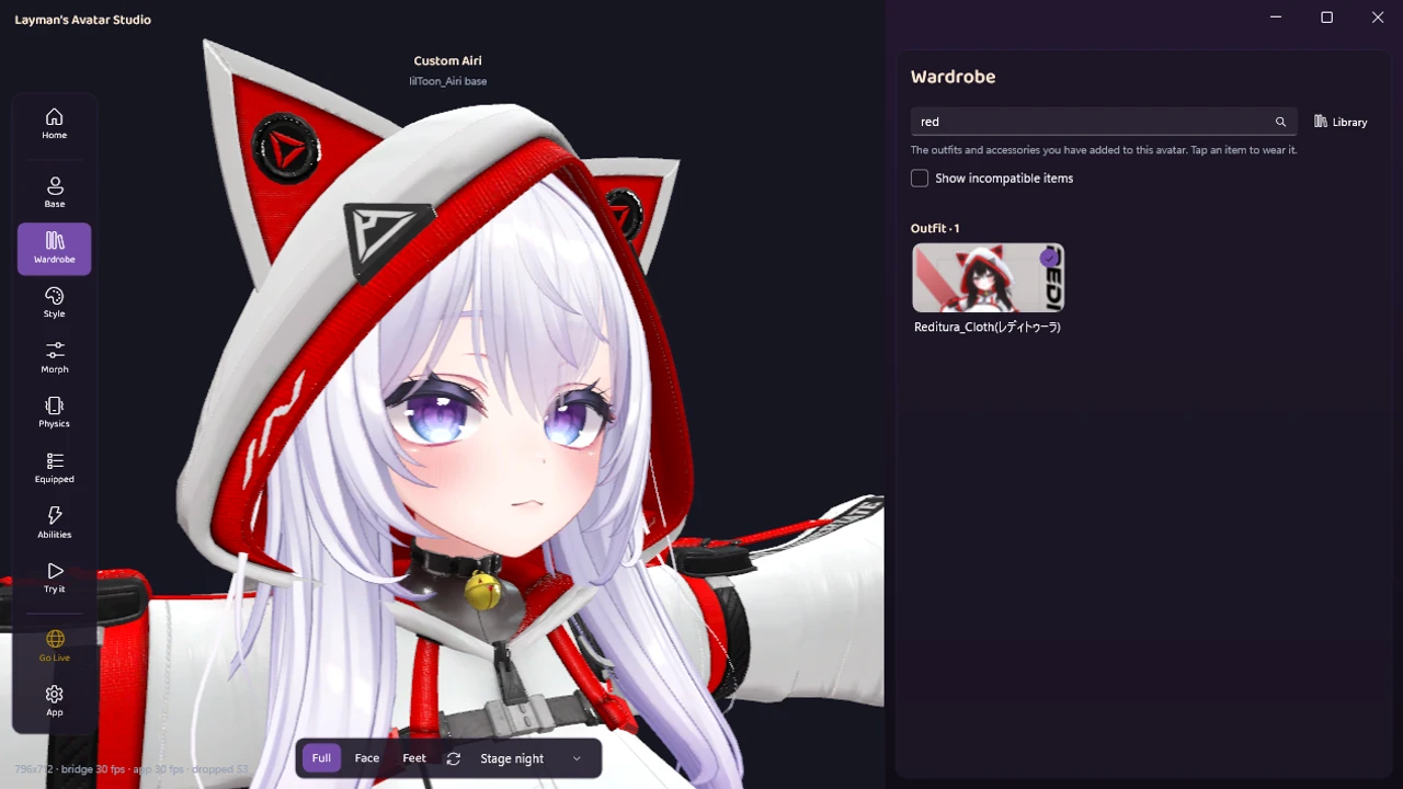 A close-up of the avatar wearing the new outfit's hood, viewed in the LAS viewport