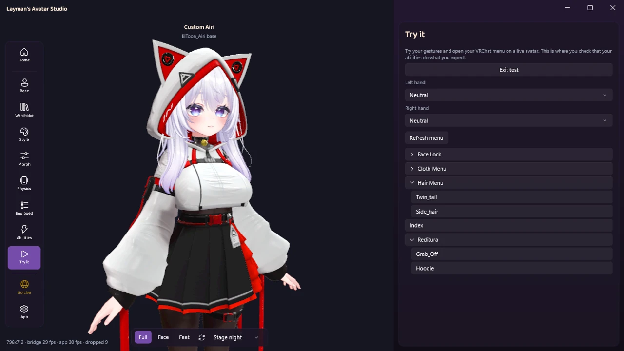 The Try it panel in LAS with the dressed avatar live and its expressions menu open, showing clothing and hair submenus