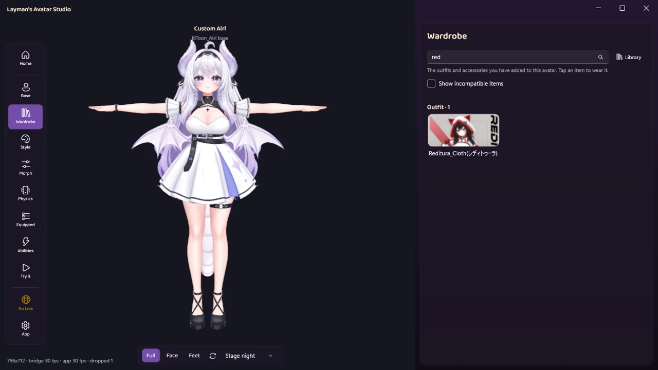 The LAS Wardrobe panel showing a newly imported outfit, with the avatar still in its default clothes