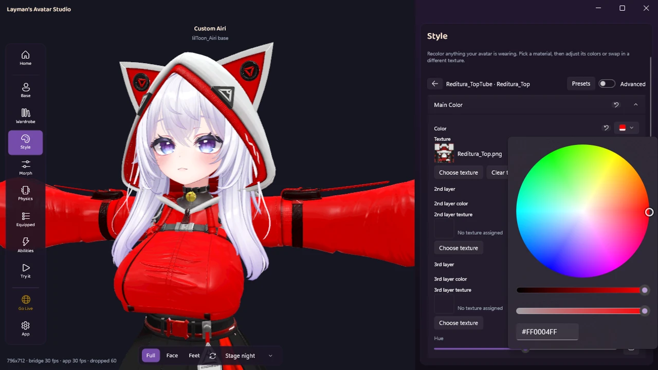 A second material selected in the Style panel and matched to the same red as the sleeves, both visible on the live avatar