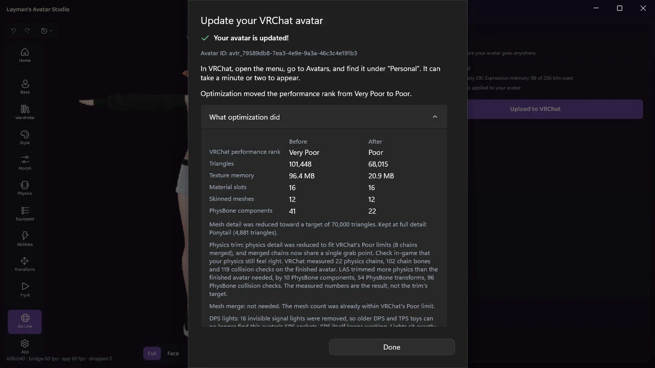Velle Cosplay の Layman's Avatar Studio アップロードレポート。パフォーマンスランクが Very Poor から Poor に、ポリゴン数が 101,448 から 68,015 に、テクスチャメモリが 96.4 MB から 20.9 MB に、PhysBone コンポーネントが 41 から 22 に減っている