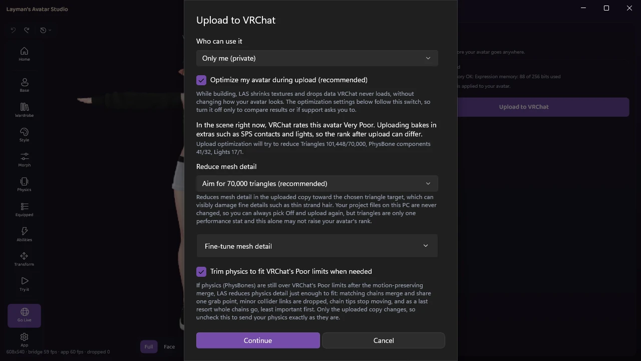アップロード設定。「アップロード時にアバターを最適化する（推奨）」にチェック、メッシュの詳細の削減は「ポリゴン 70,000 を目標に削減 (推奨)」と説明文、「必要な場合のみ、VRChat の Poor 制限に収まるよう物理を軽量化する」にチェック（画面は英語 UI）