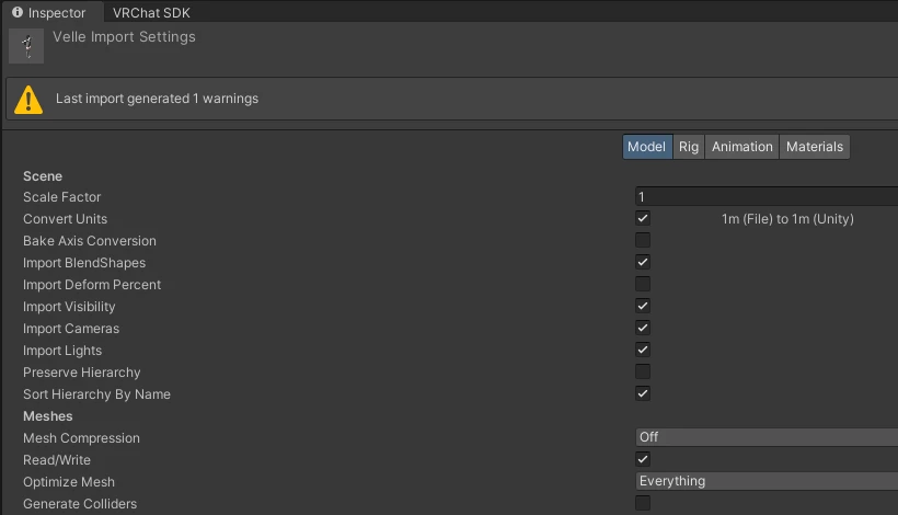 Unity での Velle のモデルのインポート設定。Model タブの Meshes の下にある Read/Write にチェックが入っている