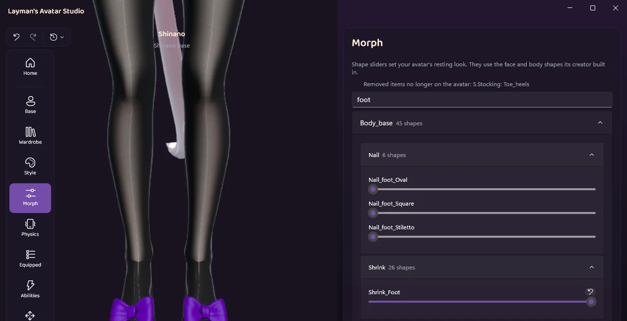 The Morph panel with Shrink_Foot under Body_base slid all the way up, and Shinano's feet covered by the stockings and purple-bowed sandals in the viewport