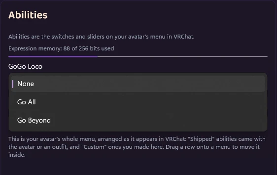 The GoGo Loco dropdown in the Abilities panel, open, showing None, Go All and Go Beyond
