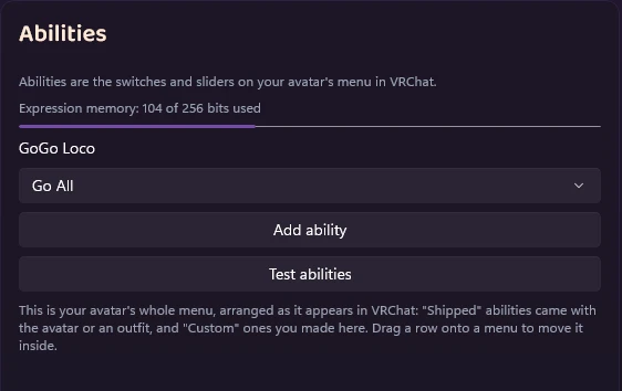 The Abilities panel after the pick, with GoGo Loco set to Go All and the expression memory reading 104 of 256 bits used