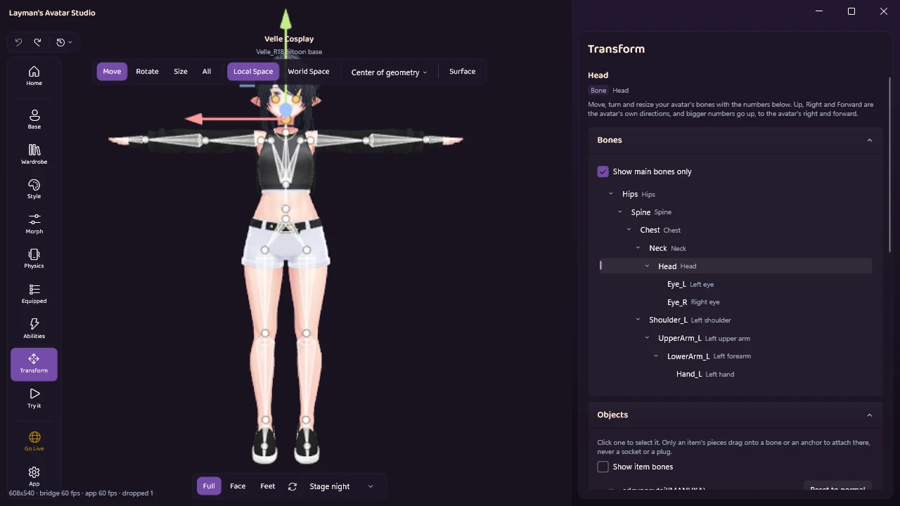 The Transform panel with the Head bone selected: a tree of bones from Hips through Spine, Chest, Neck and Head, each with a plain label beside it, and the skeleton drawn over Velle Cosplay in the viewport