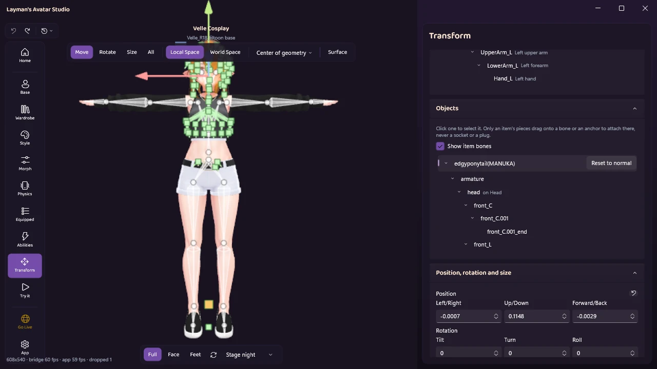 Show item bones ticked: the ponytail's armature, head, front_C and front_L chain listed under the hair item, with its bones drawn as green markers on the avatar