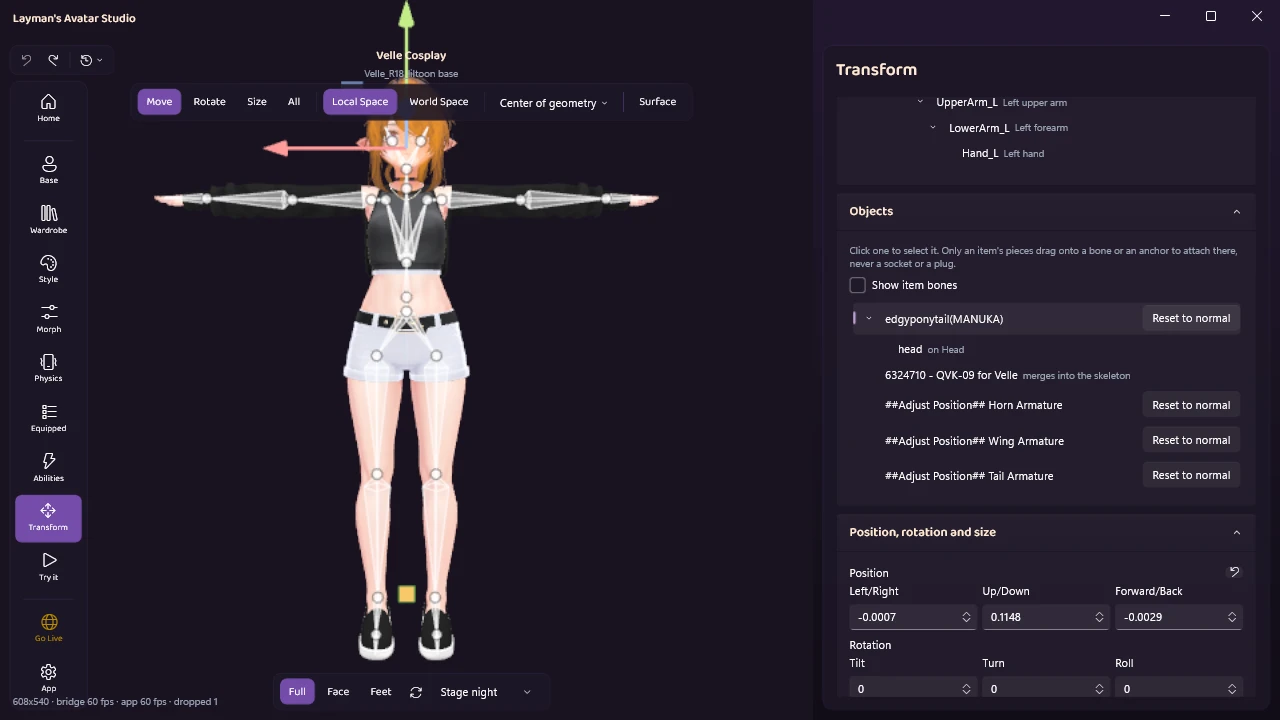 The Objects list: the edgyponytail hair with its head bone "on Head", the QVK-09 outfit reading "merges into the skeleton", and three adjustable position pieces for horns, wings and a tail