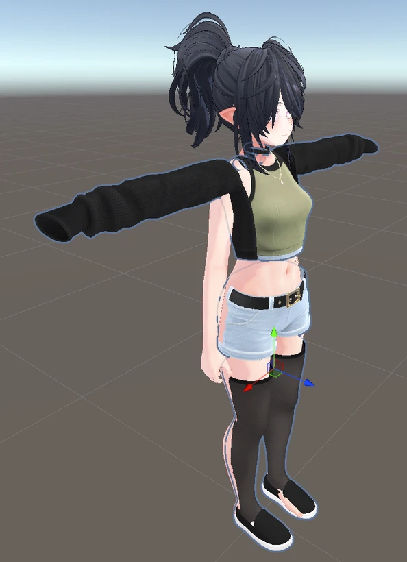 An avatar in Unity with its arms resting at its sides while the outfit's black jacket sleeves stay stretched straight out in a T-pose, and the black stockings sit offset from the legs