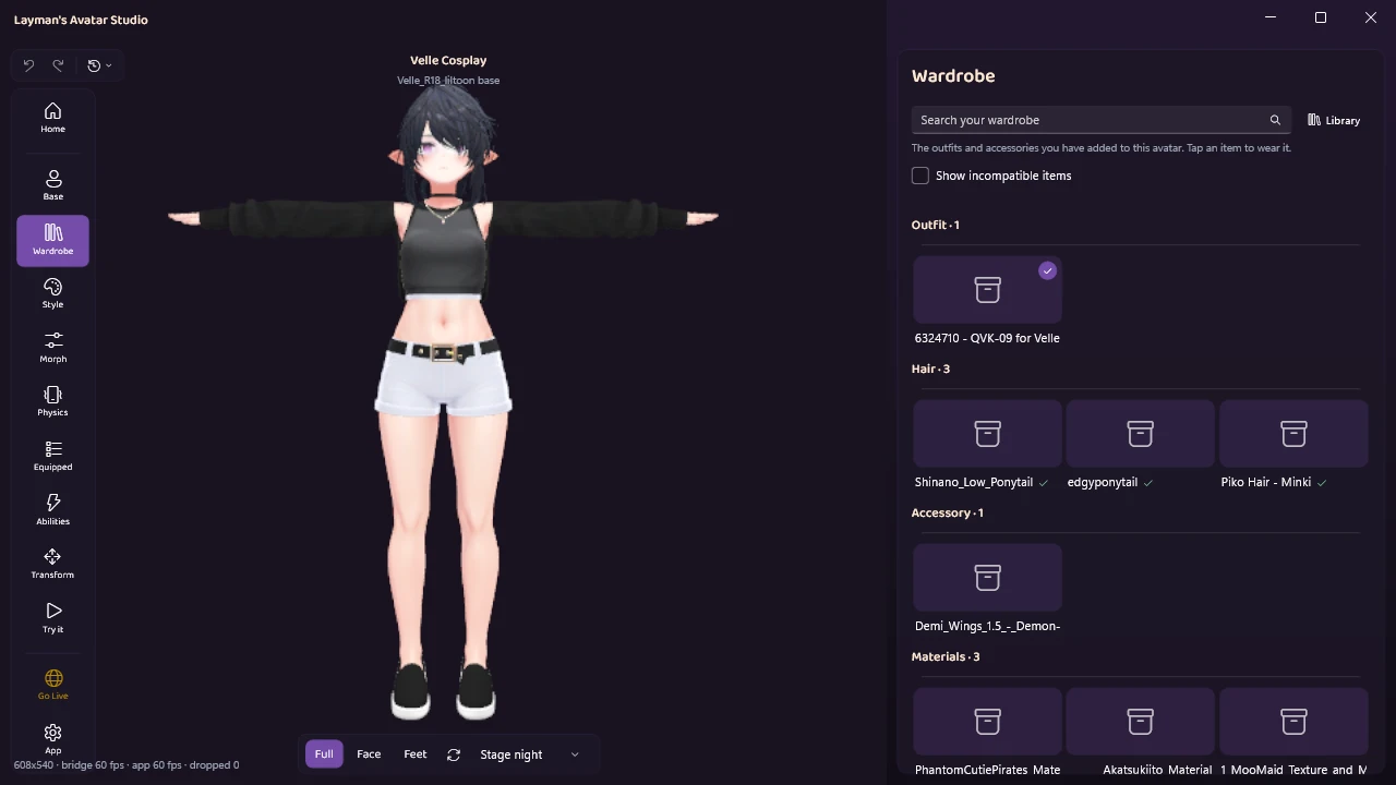 Velle Cosplay in Layman's Avatar Studio wearing a black top and white shorts, with the Wardrobe panel open beside her
