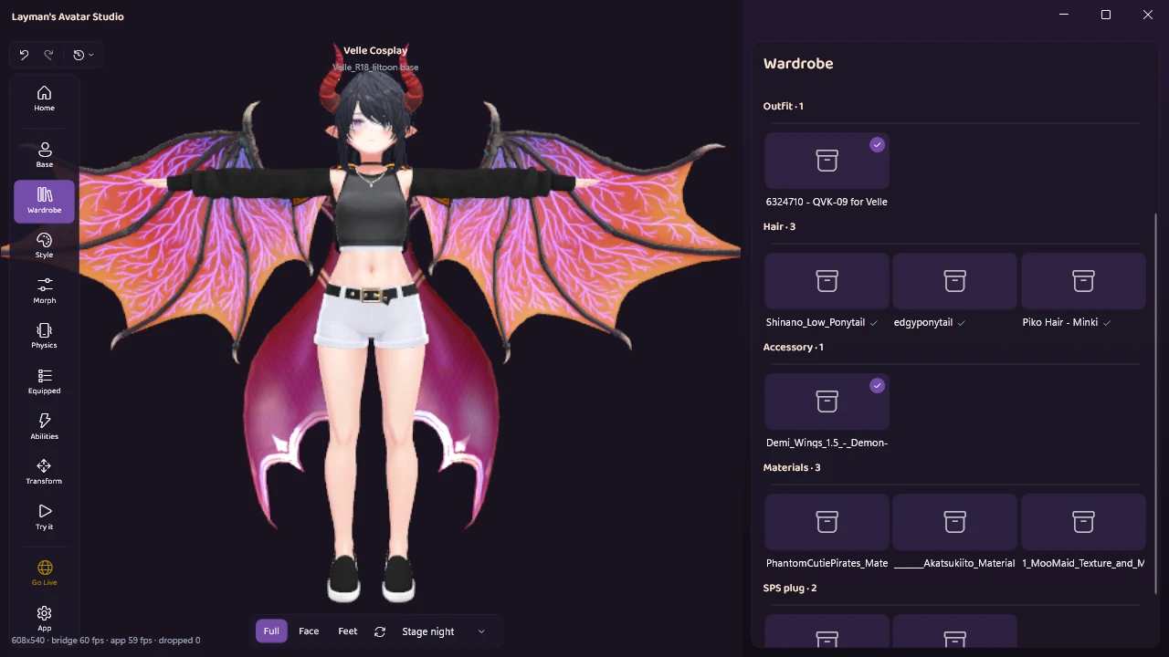 The same avatar now wearing large orange and purple demon wings, with the wings ticked as worn in the Wardrobe panel