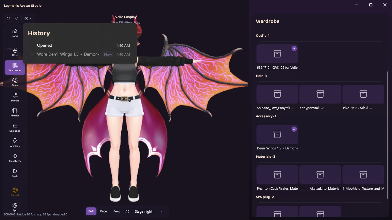 The Layman's Avatar Studio history list open over Velle Cosplay wearing large demon wings, showing two named steps: Opened, and Wore Demi_Wings