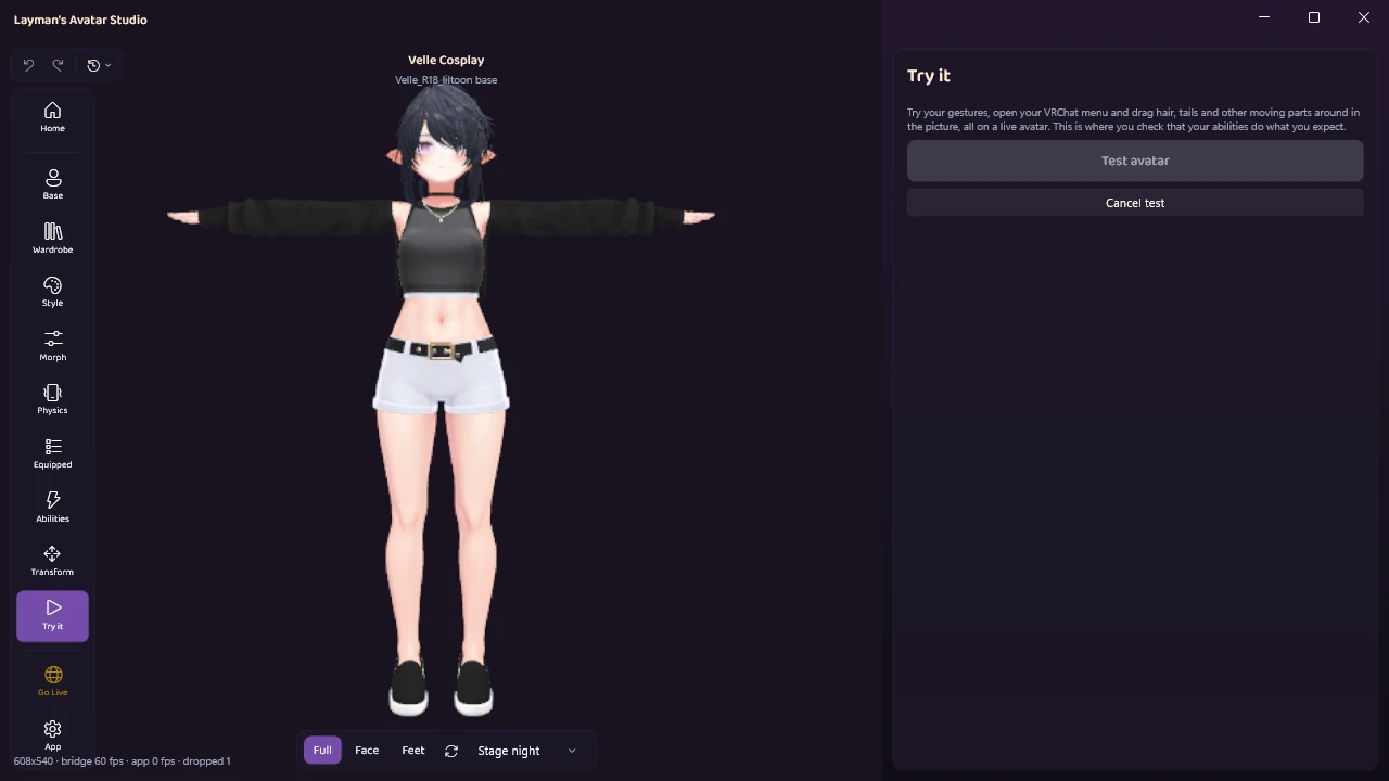 The Try it panel while a test starts: the Test avatar button greyed out and a Cancel test button below it