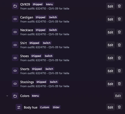The Abilities list with the outfit's shipped switches, then a Colors menu containing a new Body hue ability marked Custom and Slider
