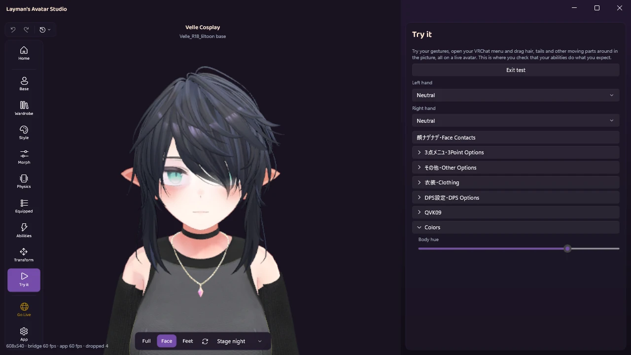 Velle Cosplay's eyes turned teal in a live Try it test, with the Colors menu open and its Body hue slider moved three quarters of the way along