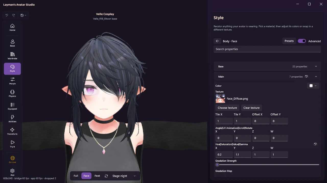 The Face material in Advanced mode with the Hue, Saturation, Value and Gamma row reading 0.2, and the avatar's eyes violet