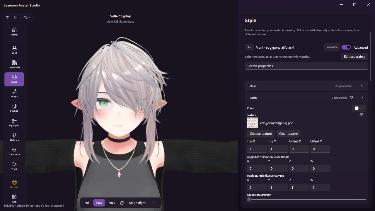The hair material with its texture swapped to edgyponytail(pink).png, the hair now pale, and a note saying edits apply to all 3 parts that use this material, with an Edit separately button