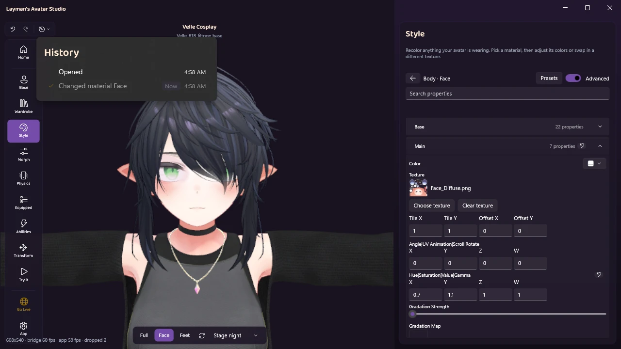 The history list open over the green-eyed avatar, showing Opened and Changed material Face