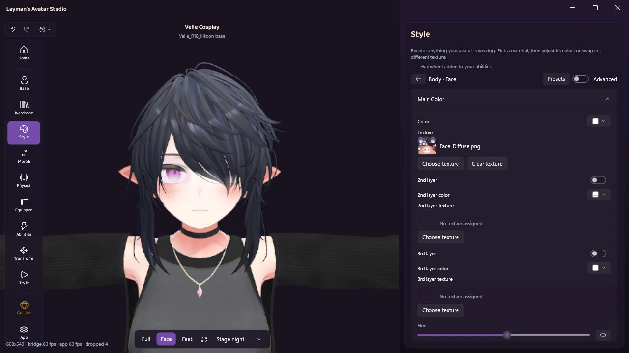 The Face material's Main Color section with the Hue slider at the bottom and the add hue wheel button beside it, and the message "Hue wheel added to your abilities" at the top of the panel
