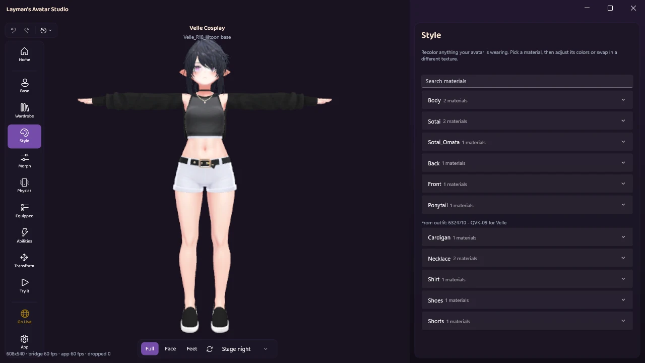 The Style panel listing Velle Cosplay's meshes, such as Body, Sotai, Front and Ponytail, and the outfit's Cardigan, Necklace, Shirt, Shoes and Shorts, each with a count of materials