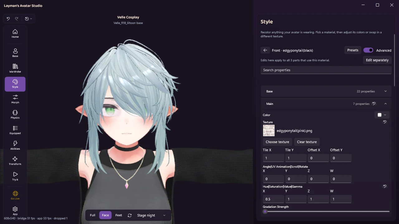 Green eyes and pale blue hair on the same avatar, the hair material's hue value at 0.5