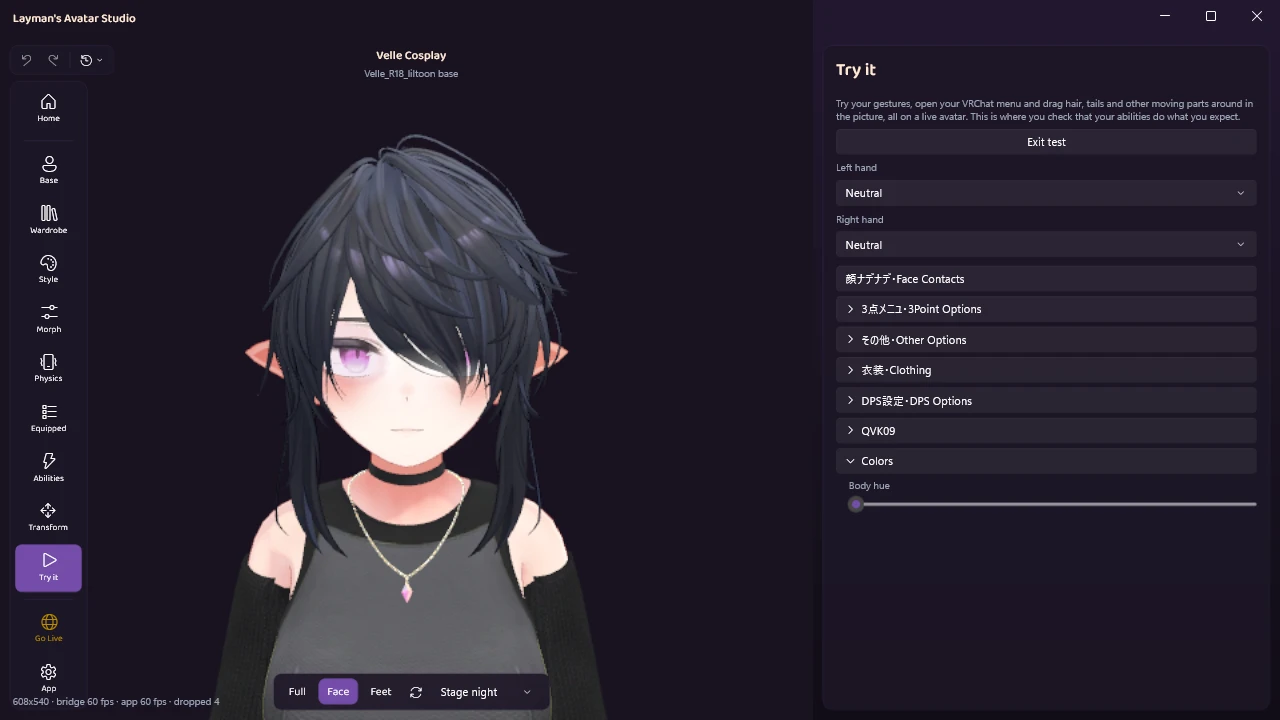 Try it running with the Colors menu open and the Body hue slider at 0, the eyes violet