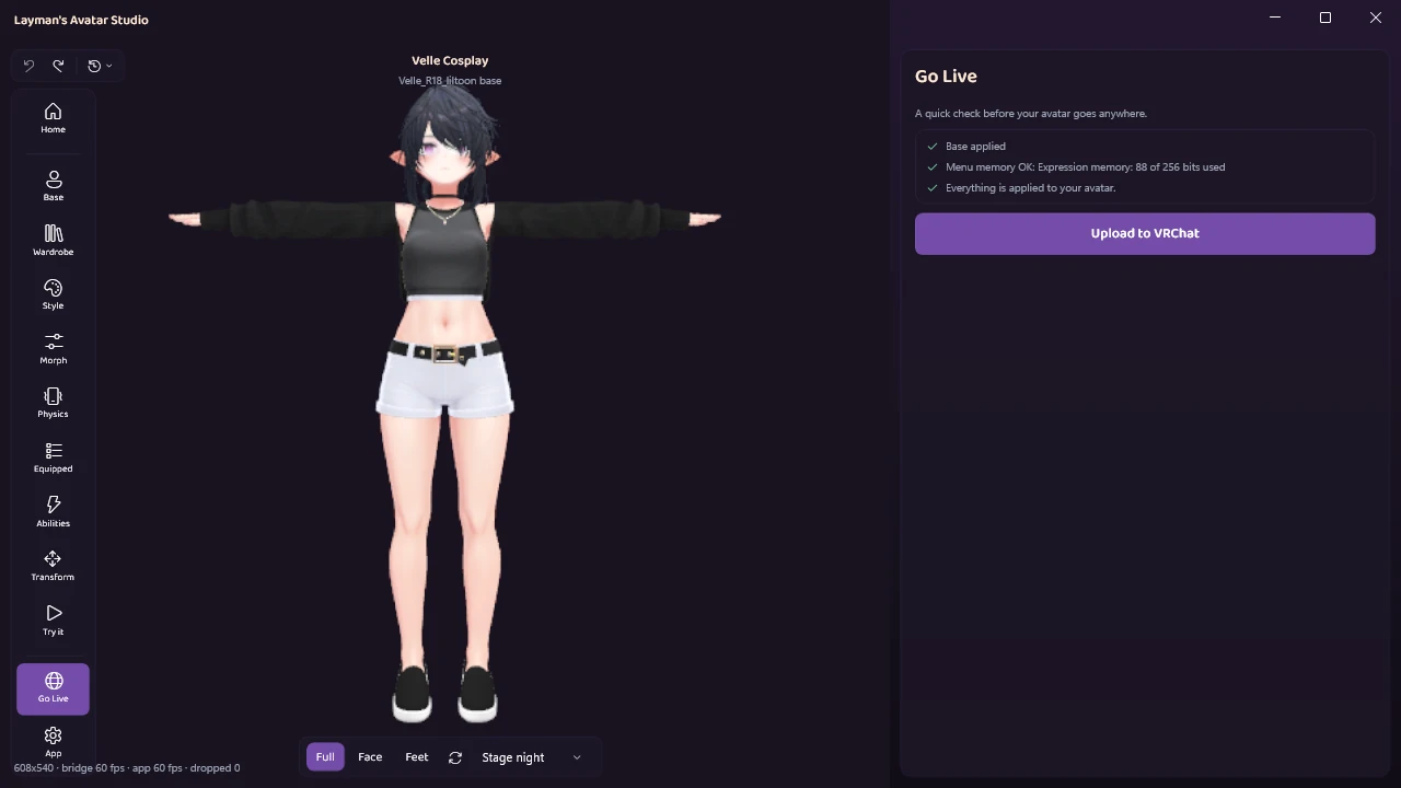 The Layman's Avatar Studio Go Live panel for Velle Cosplay with three green checks (base applied, menu memory OK at 88 of 256 bits, everything applied) and the Upload to VRChat button unlocked