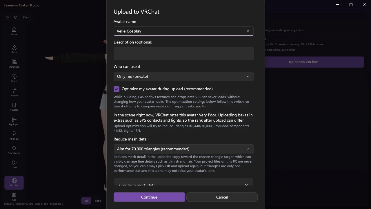 LAS's upload step for Velle Cosplay: Avatar name, an optional description, "Who can use it" set to "Only me (private)", and the optimization settings, with no blueprint ID field anywhere