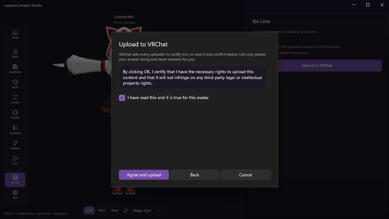 LAS のアップロード画面。VRChat 標準の権利確認を経てアップロードする