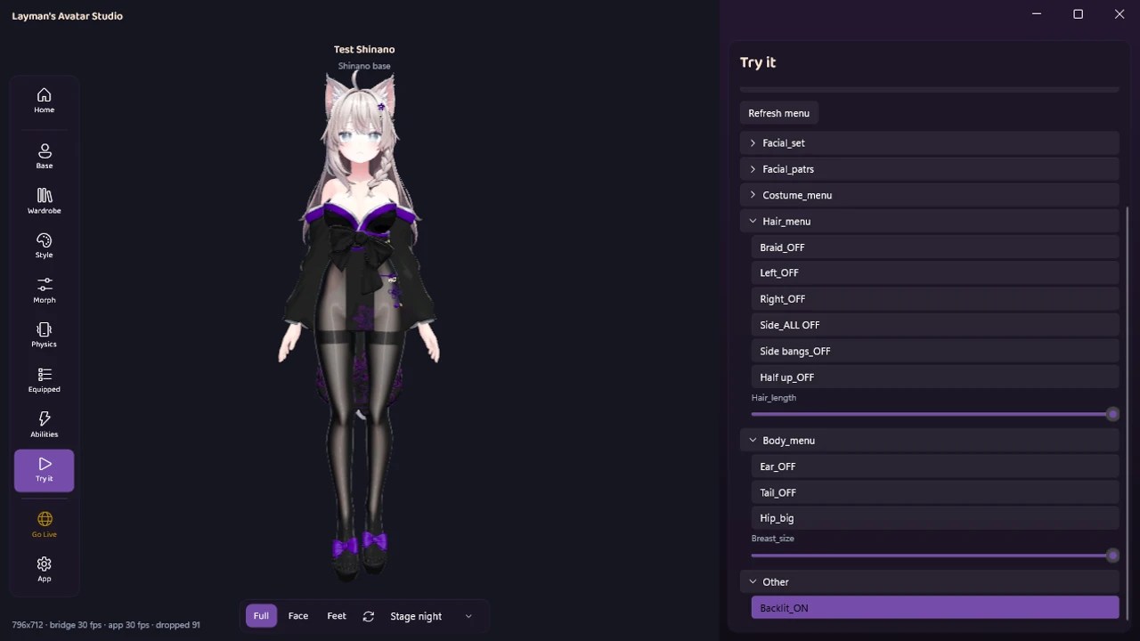 LAS screenshot: testing an avatar in Try it