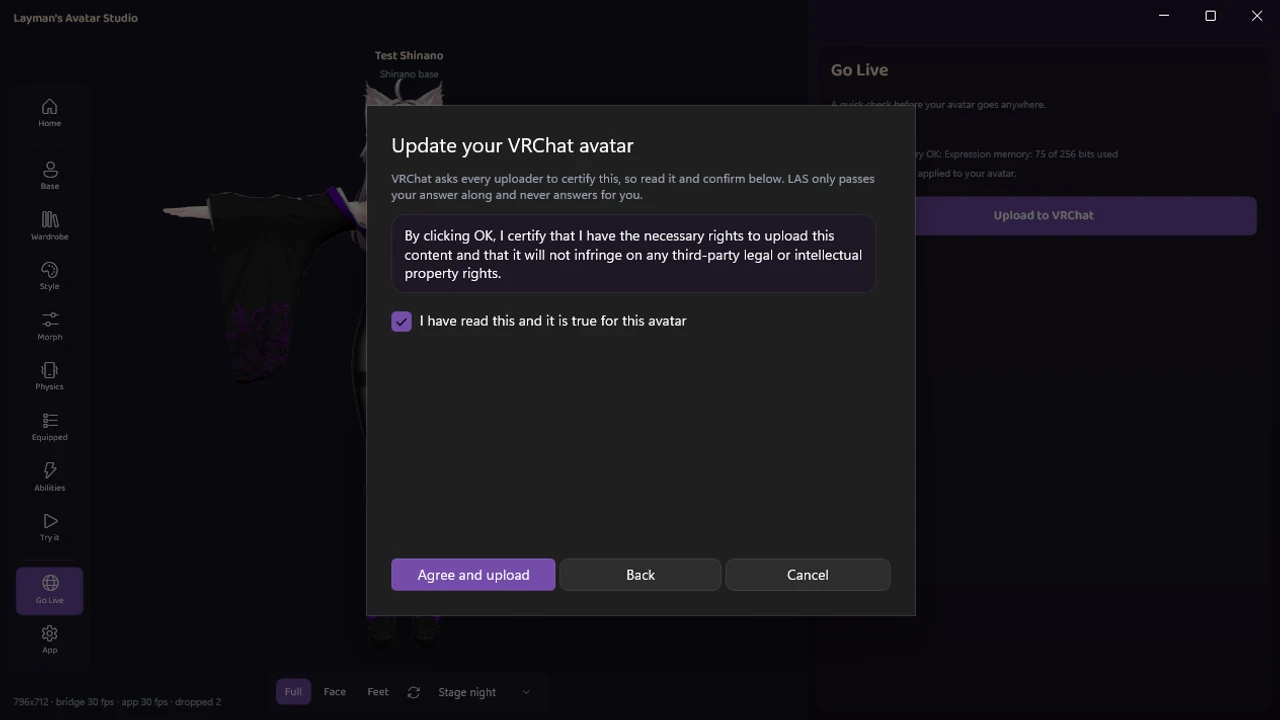 LAS screenshot: the Go Live upload screen
